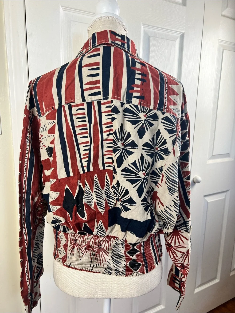 Free People Abstract Geometric Print Utility Jacket Smocked Back Size M